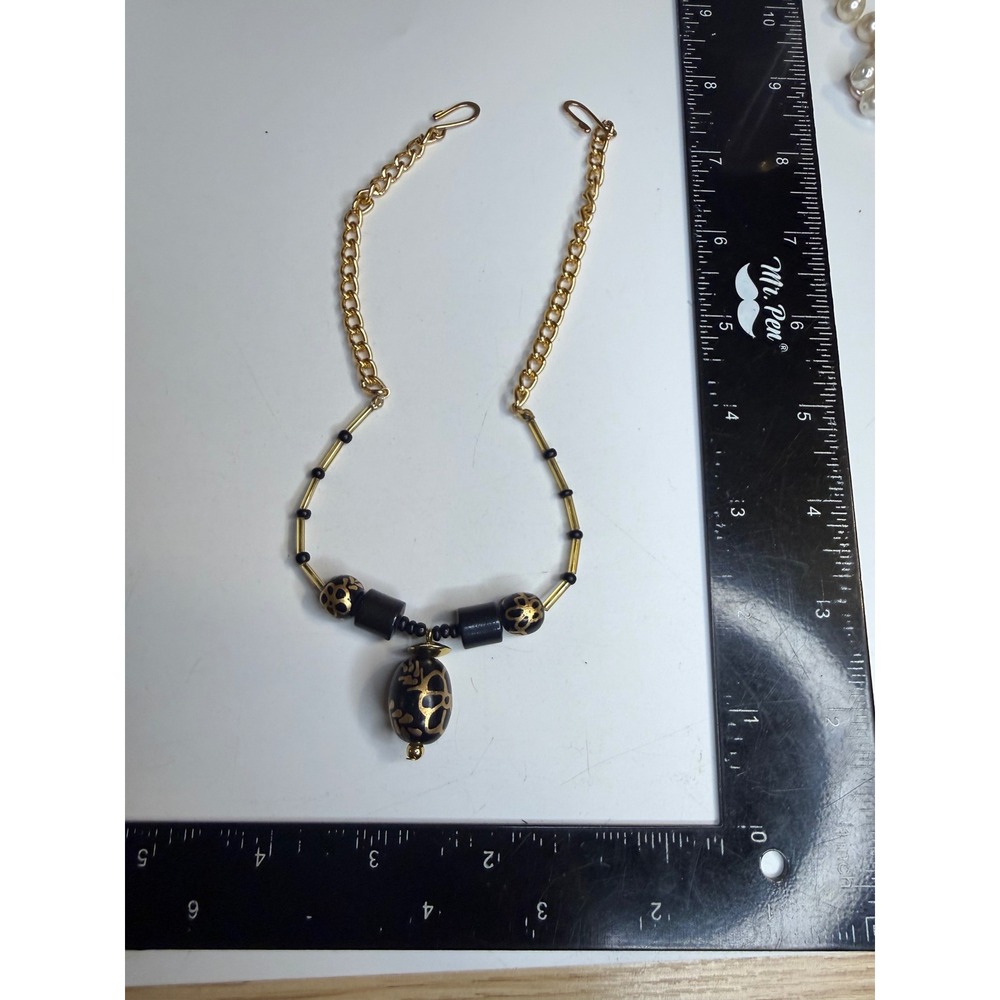 Gold Tone Black Hand Painted Bead Necklace Floral Pattern Hook Clasp 19 Inch